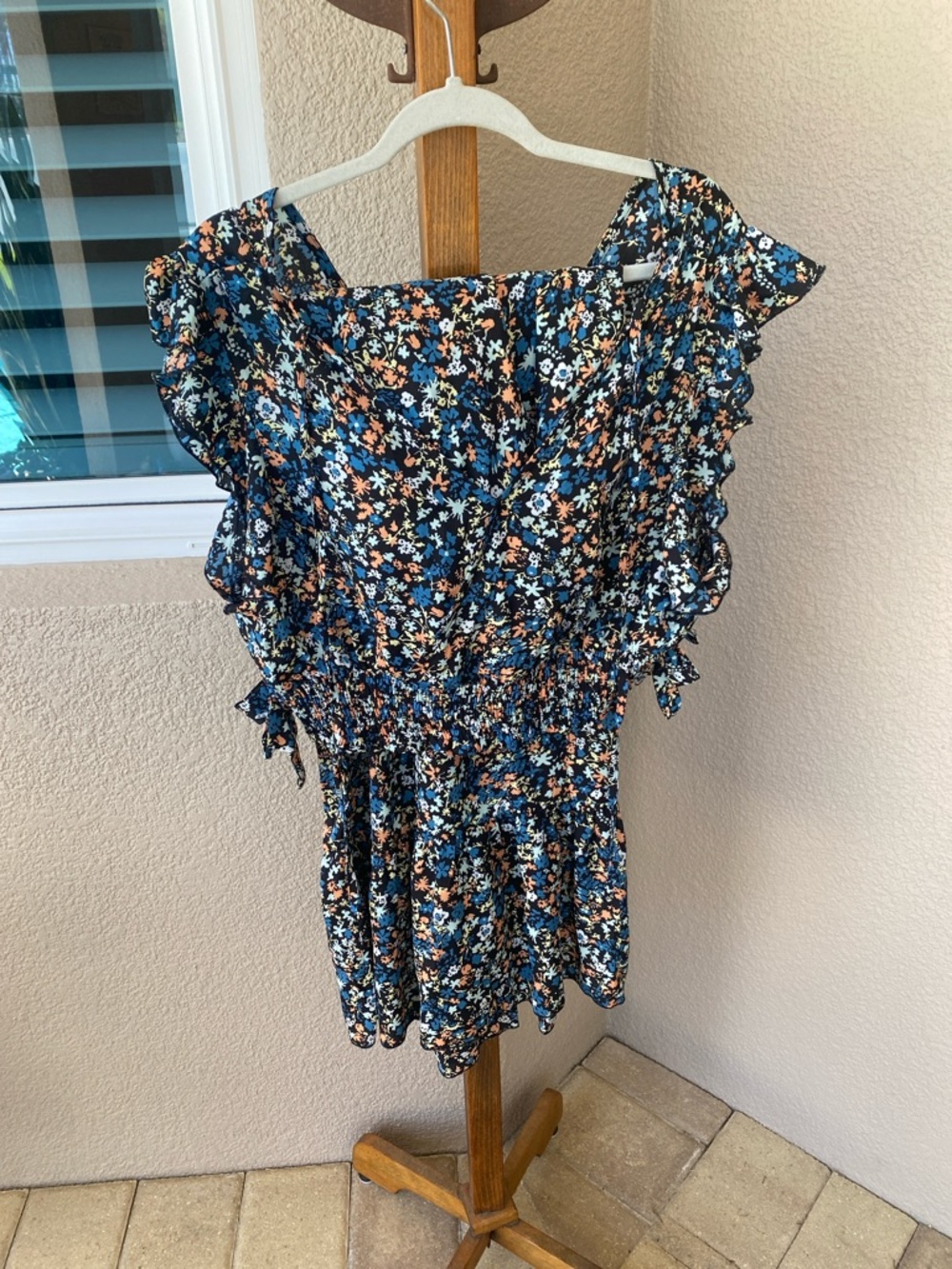 Women’s Floral Ruffle Sleeve Top & Skirt Set - Navy with Blue & Peach Flowers